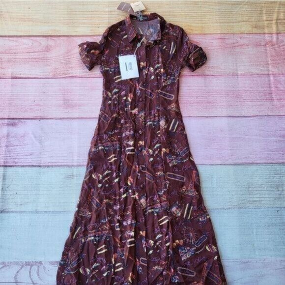 NWT Alexa Chung Burgundy Bon Voyage Habotai‎ Silky Maxi Shirt Dress Size 6US - Picture 1 of 9